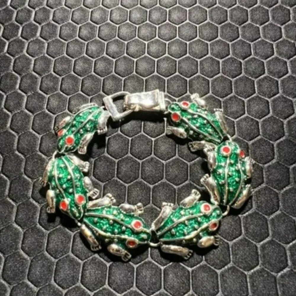 Frog Bracelet Green, Red, and Silver 18K White Gold Plated
